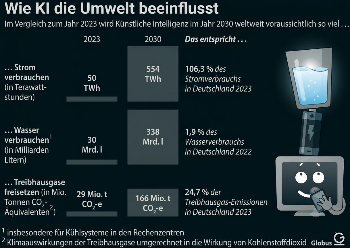 Infografik zu Umweltfolgen von KI mit Strom-, Wasser- und CO2-Verbrauch.